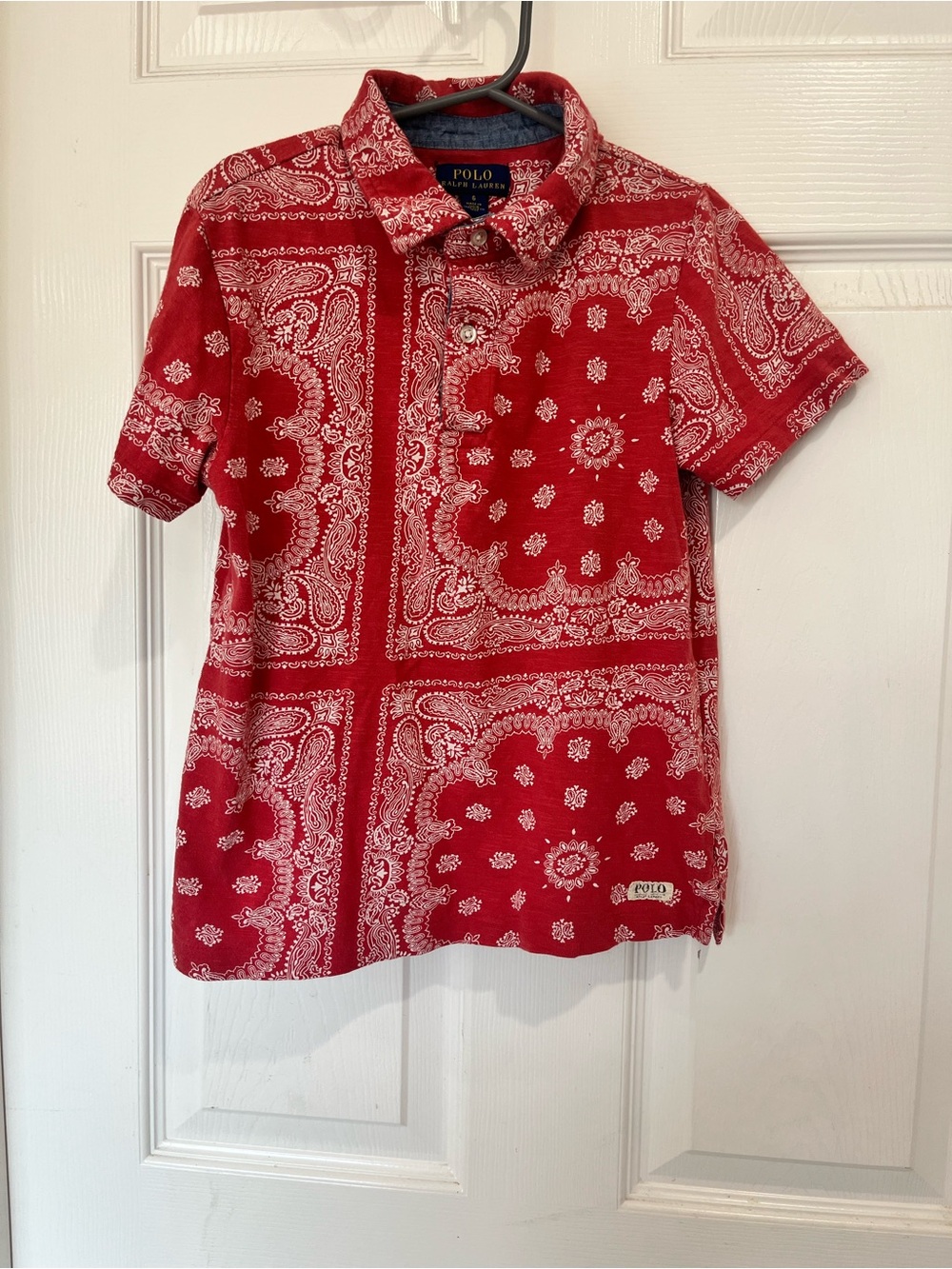 Polo Ralph Lauren Boys Size 6 Red Paisley Slub Cotton Polo Shirt Chambray Trim